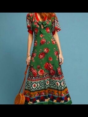 Anthropologie Green Floral Maxi Dress with Red Rose Print and Bow